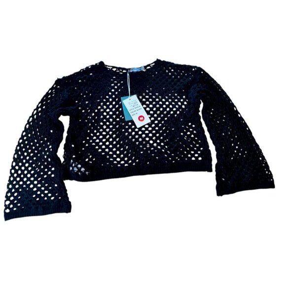Paradise Medium Crop Open Knit Long Sleeve Beach Top NWT Vacation Black - Picture 3 of 6